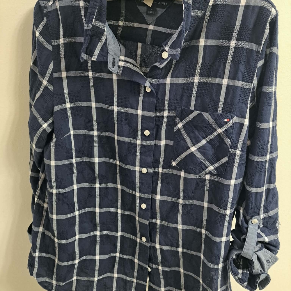 Tommy Hilfiger Navy and White Plaid Button-Down Shirt